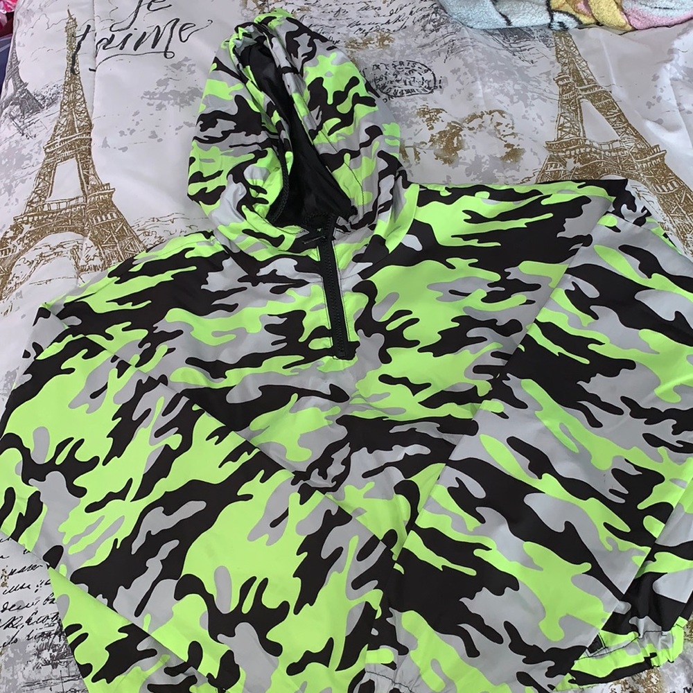 Neon green , black , and gray puffer jacket